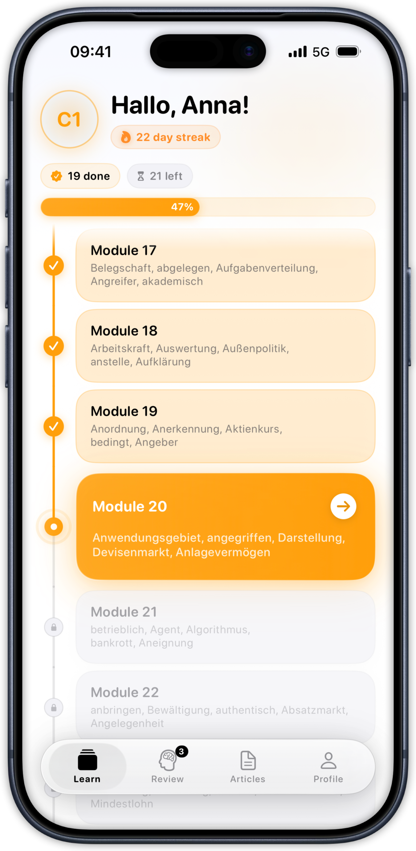 LUMO German vocabulary app profile screen