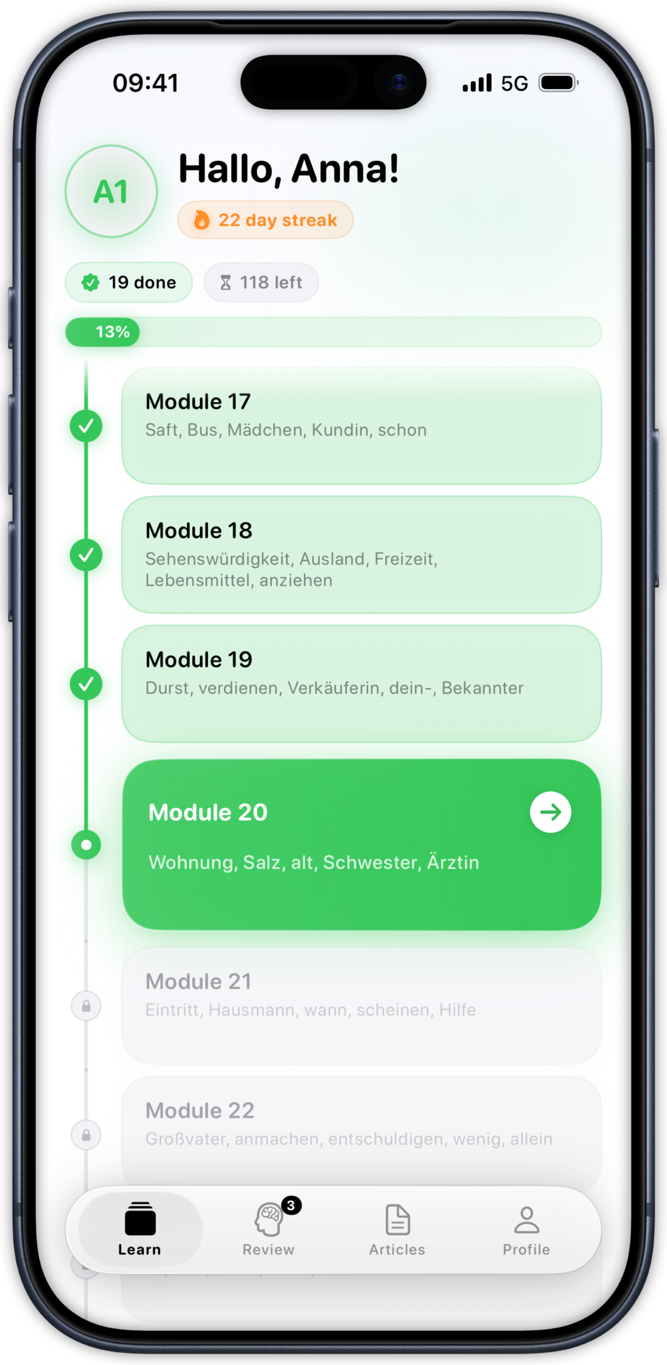 LUMO German vocabulary review session and streak progress tracking